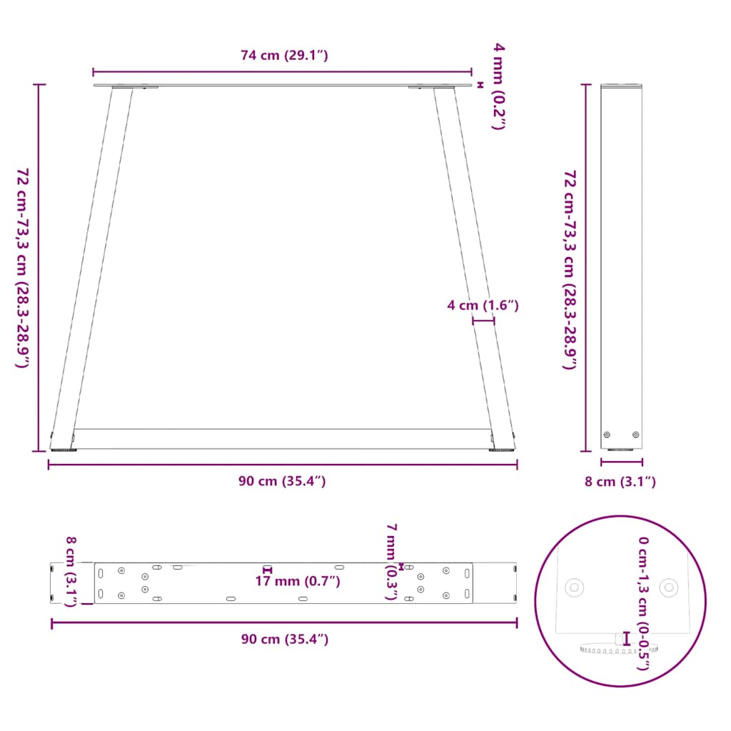 Eettafelpoten 2 st V-vormig 90x(72-73,3) cm staal zwart