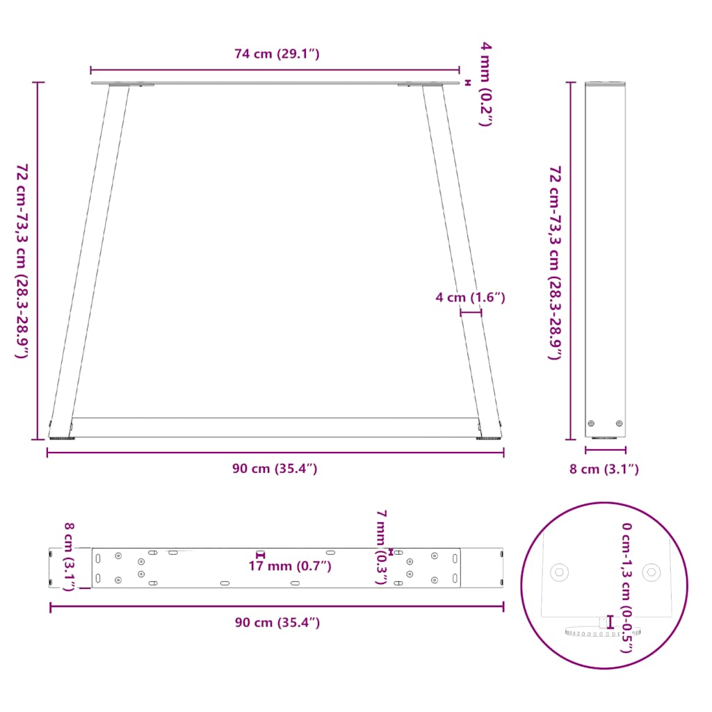 Eettafelpoten 2 st V-vormig 90x(72-73,3) cm staal wit