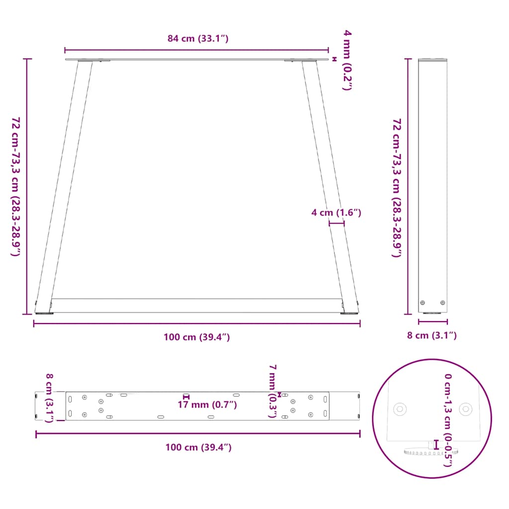 Eettafelpoten 3 st V-vormig 100x(72-73,3) cm staal zwart