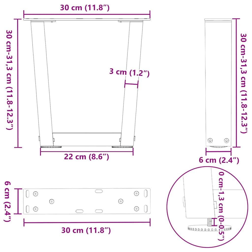 Eettafelpoten 2 st V-vormig 30x(30-31,3) cm staal zwart