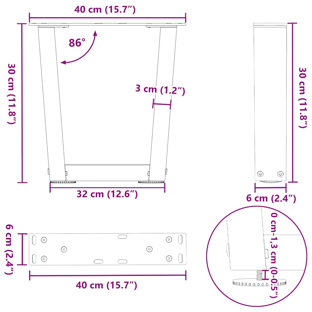 Eettafelpoten 2 st V-vormig 40x(30-31,3) cm staal antraciet