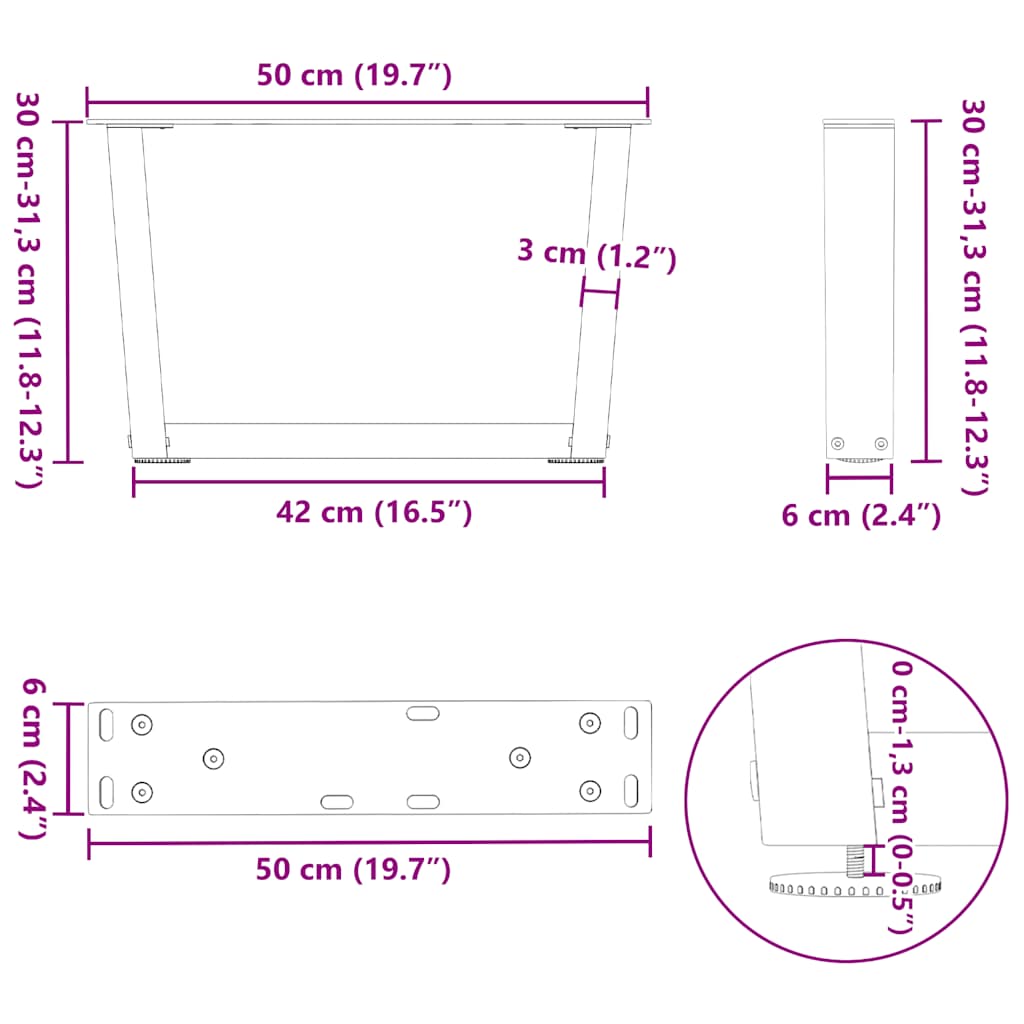 Eettafelpoten 2 st V-vormig 50x(30-31,3) cm staal zwart