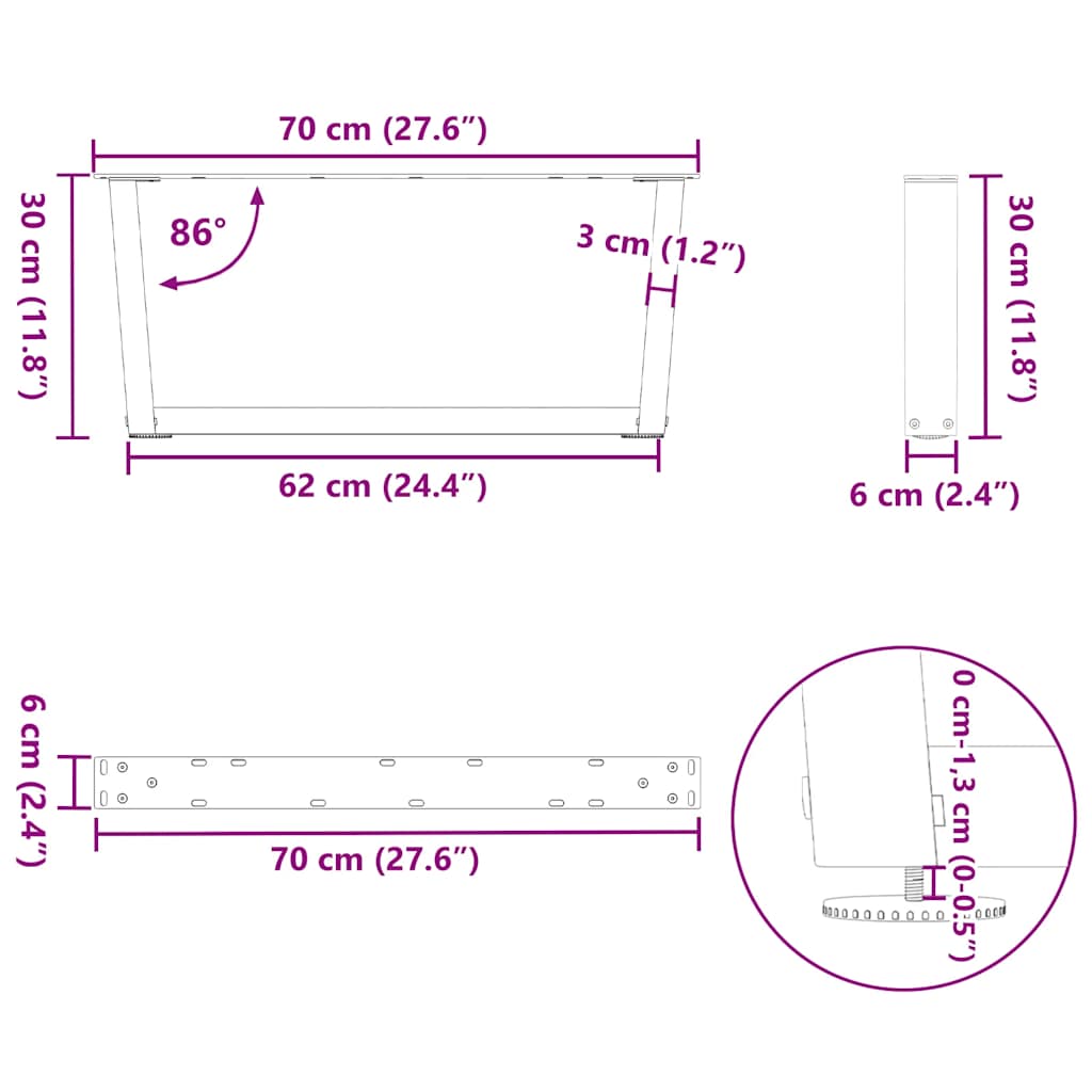 Eettafelpoten 2 st V-vormig 70x(30-31,3) cm staal zwart