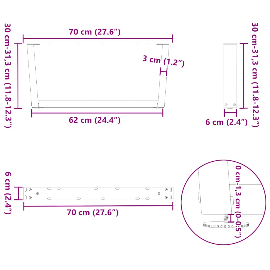 Eettafelpoten 2 st V-vormig 70x(30-31,3) cm staal wit