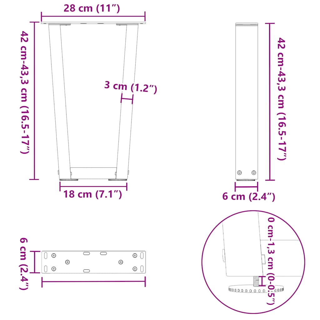 Eettafelpoten 2 st V-vormig 28x(42-43,3) cm staal wit