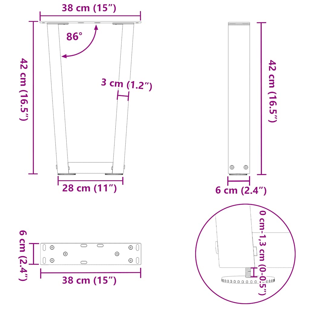 Eettafelpoten 2 st V-vormig 38x(42-43,3) cm staal antraciet