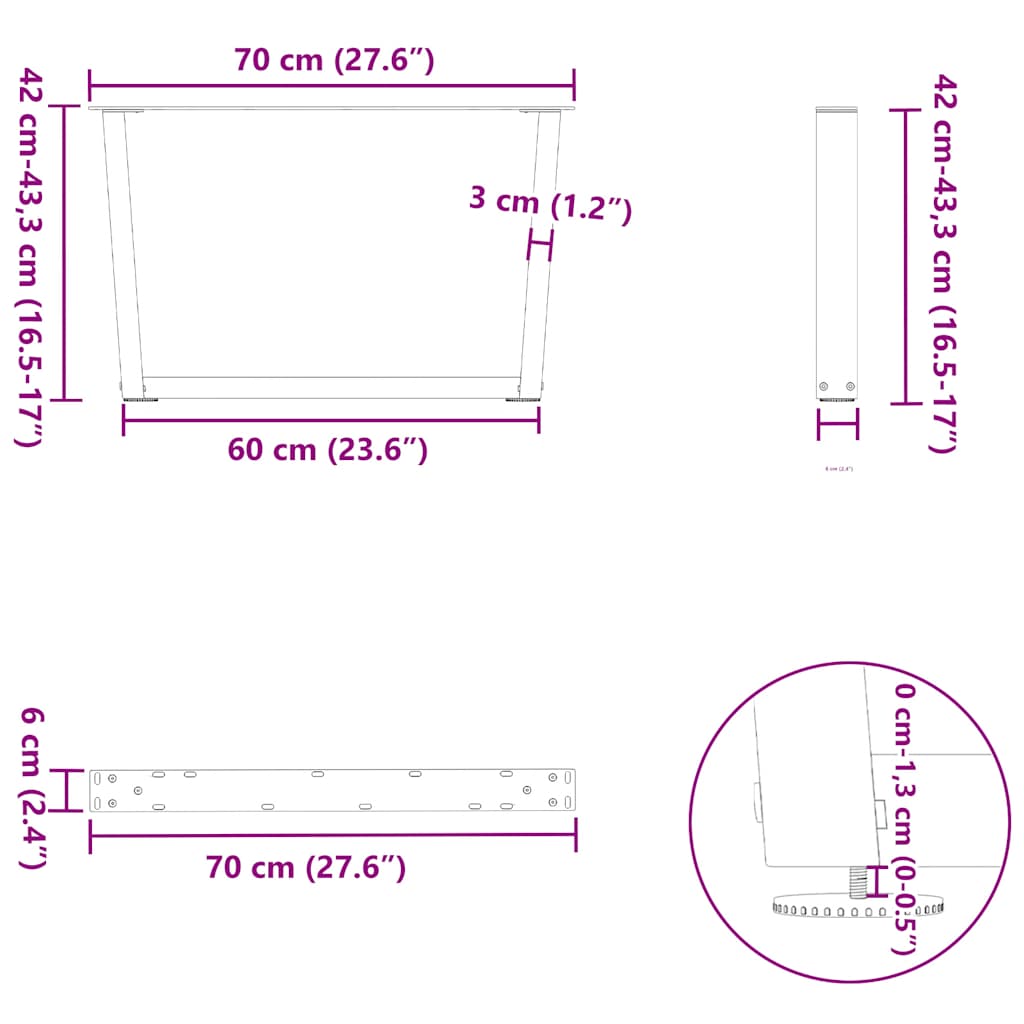 Eettafelpoten 2 st V-vormig 70x(42-43,3) cm staal zwart