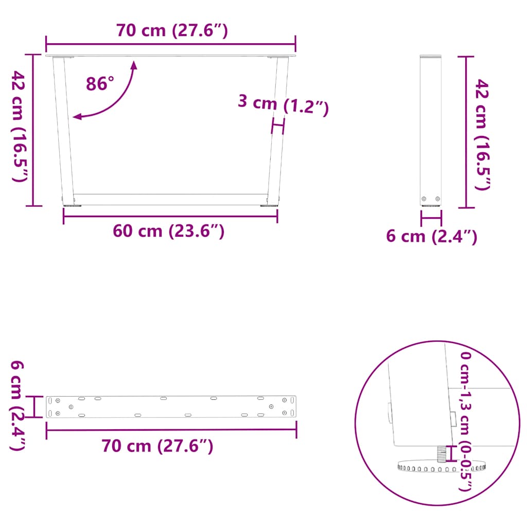 Eettafelpoten 2 st V-vormig 70x(42-43,3) cm staal naturel