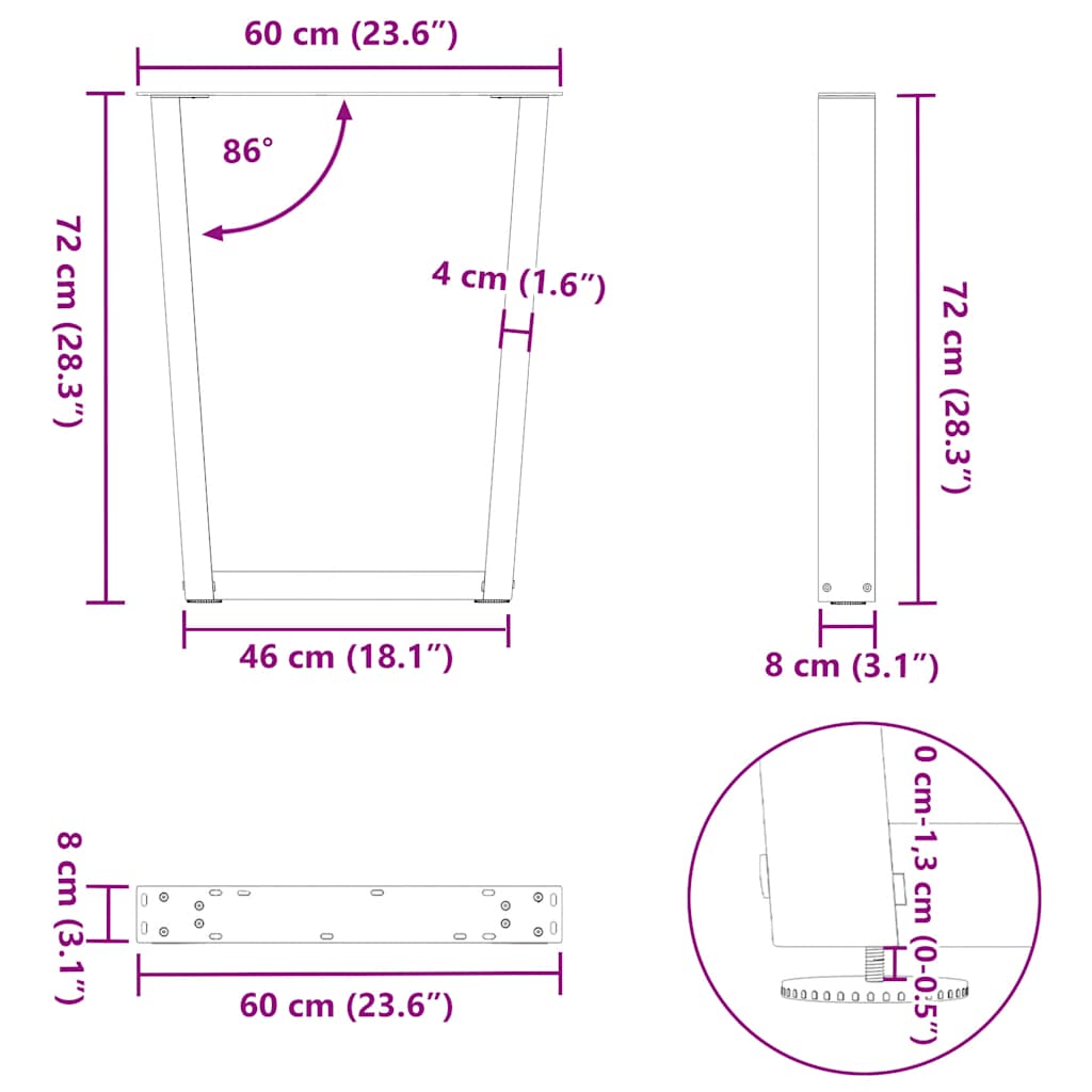 Eettafelpoten 2 st V-vormig 60x(72-73,3) cm staal zwart