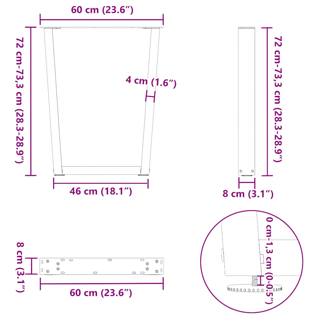 Eettafelpoten 2 st V-vormig 60x(72-73,3) cm staal wit