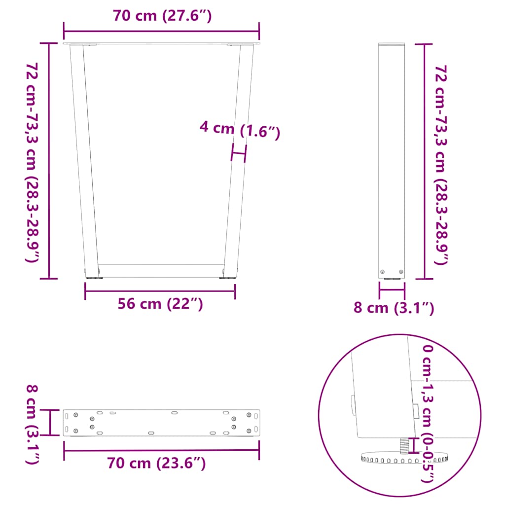 Eettafelpoten 2 st V-vormig 70x(72-73,3) cm staal zwart