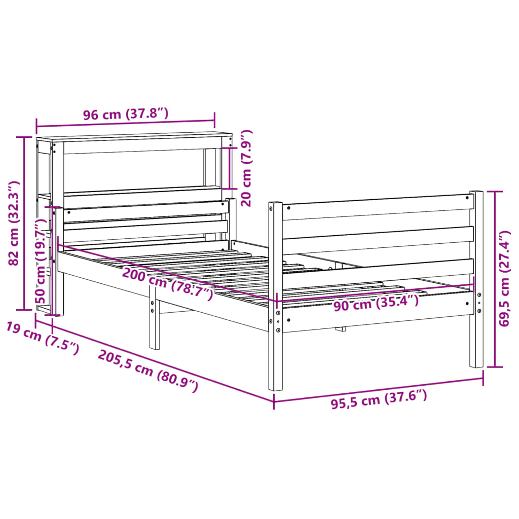 Bedframe met hoofdeinde zonder matras 90x200 cm wit