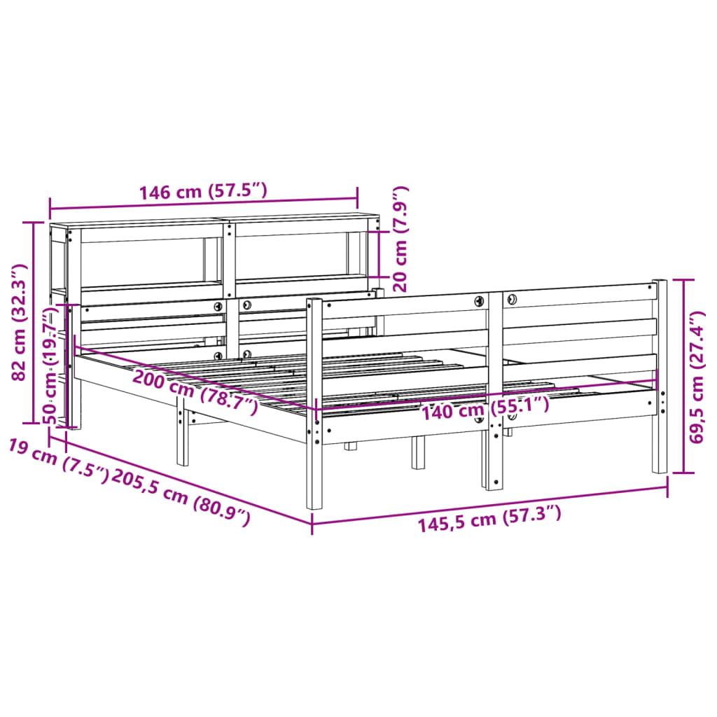 Bedframe met hoofdbord massief grenenhout wit 140x200 cm