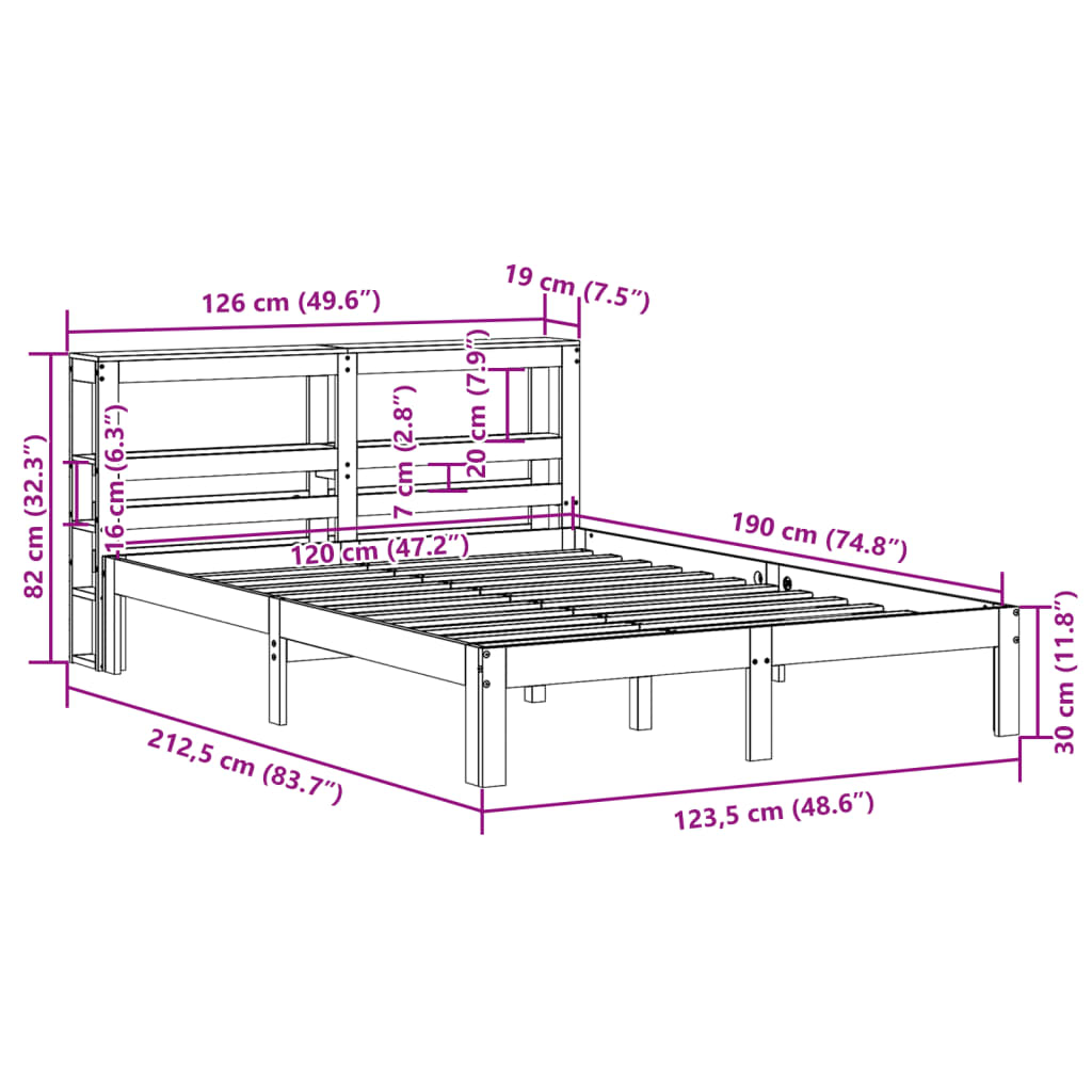 Bedframe met hoofdbord massief grenenhout wit 120x190 cm