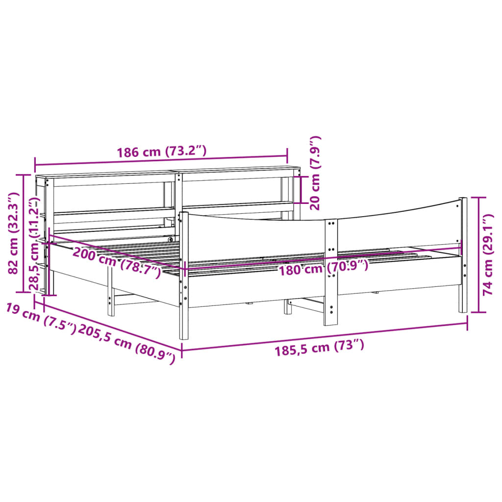 Bedframe met hoofdbord massief grenenhout wit 180x200 cm