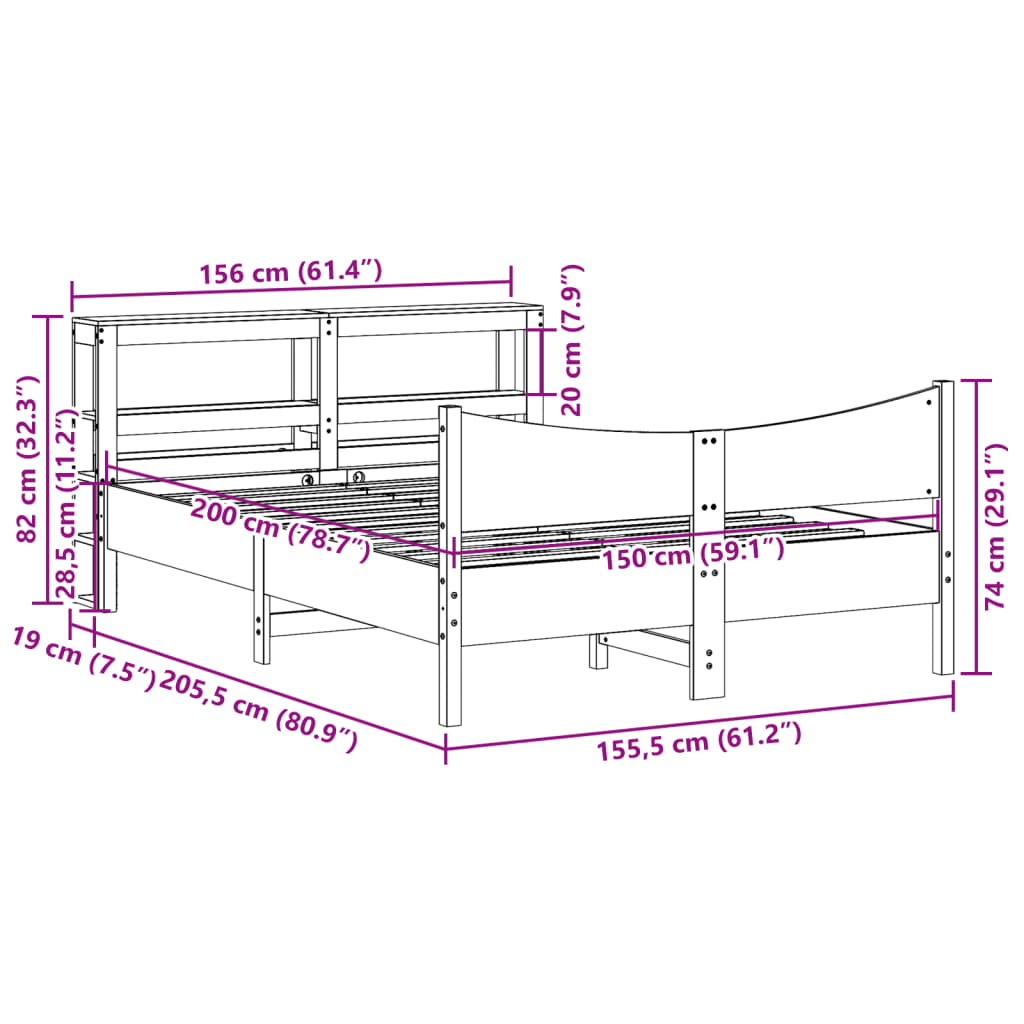 Bedframe met hoofdbord massief grenenhout 150x200 cm