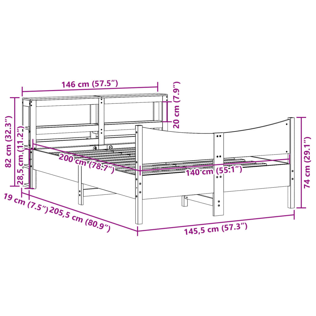 Bedframe met hoofdbord massief grenenhout wit 140x200 cm