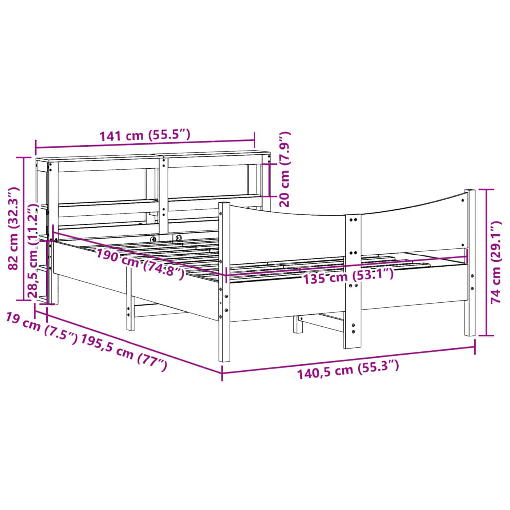 Bedframe met hoofdbord massief grenenhout wit 135x190 cm