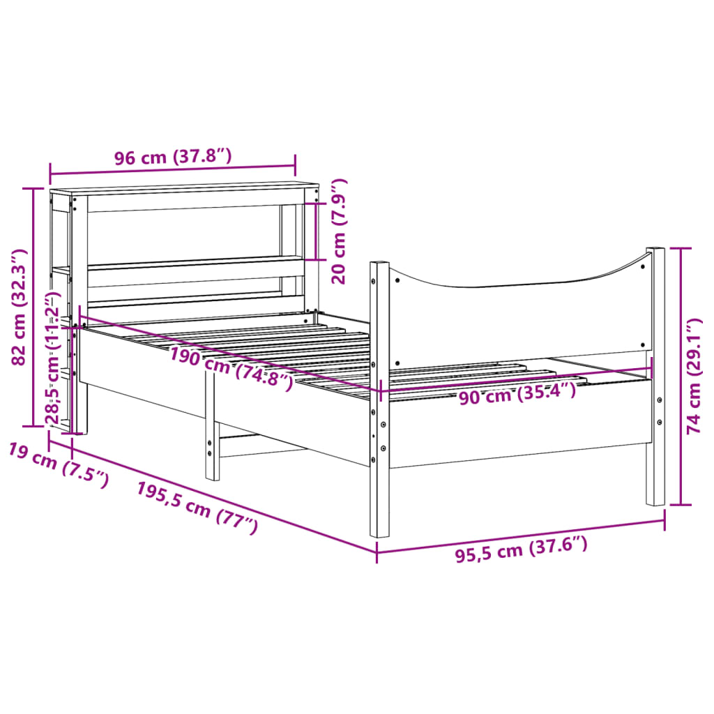 Bedframe met hoofdbord massief grenenhout wit 90x190 cm