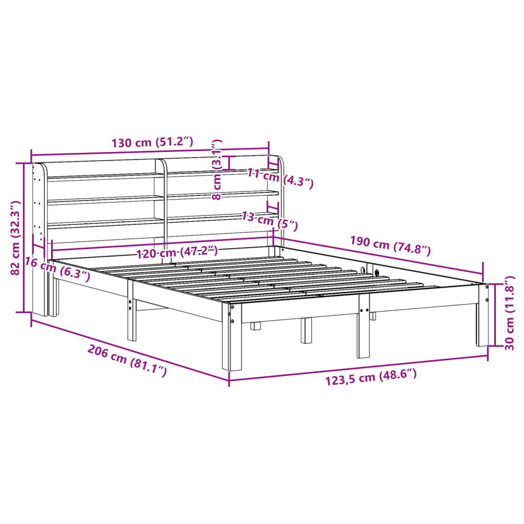 Bedframe met hoofdbord massief grenenhout wit 120x190 cm