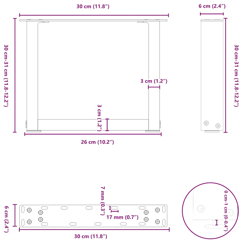 Salontafelpoten 2 st U-vormig 30x(30-31) cm staal wit