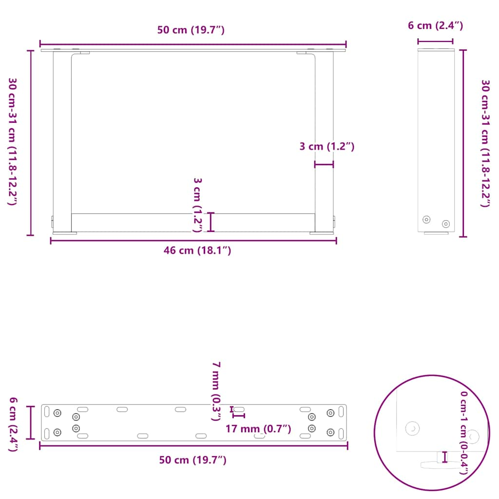 Salontafelpoten 2 st U-vormig 50x(30-31) cm staal zwart