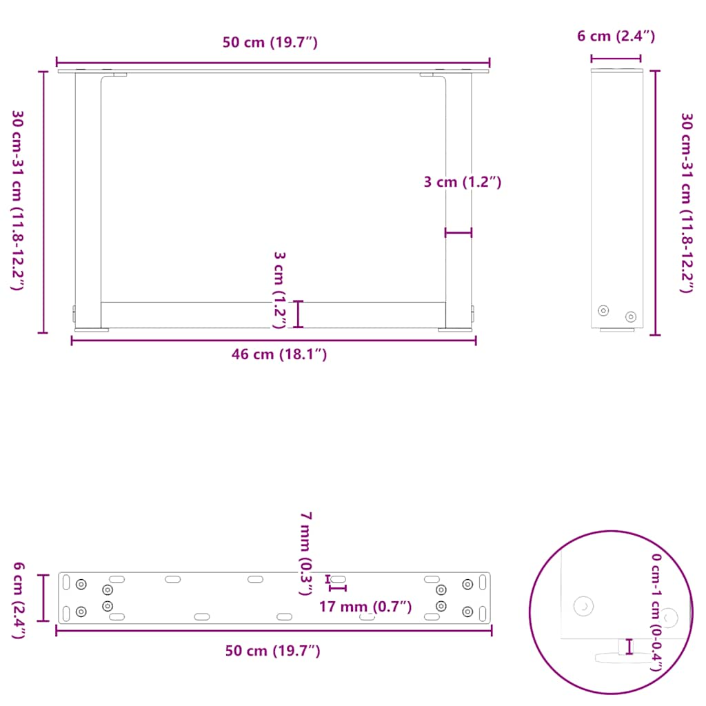 Salontafelpoten 2 st U-vormig 50x(30-31) cm staal wit