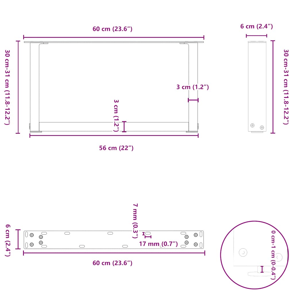 Salontafelpoten 2 st U-vormig 60x(30-31) cm staal zwart