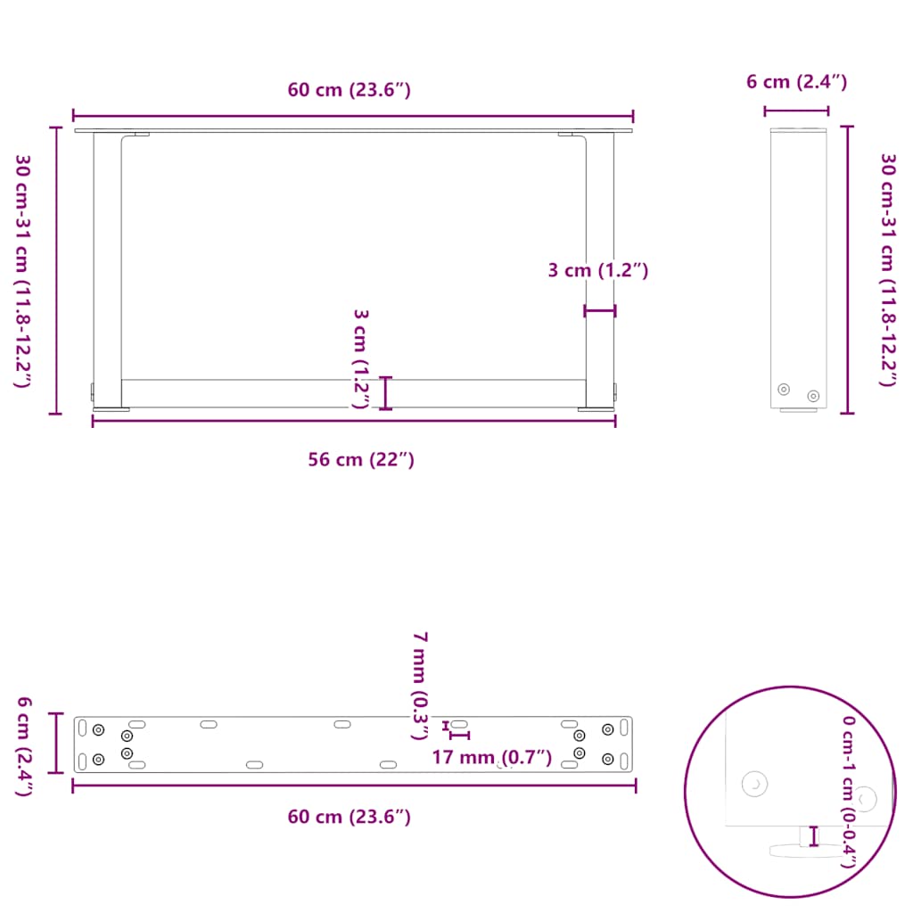 Salontafelpoten 2 st U-vormig 60x(30-31) cm staal antraciet