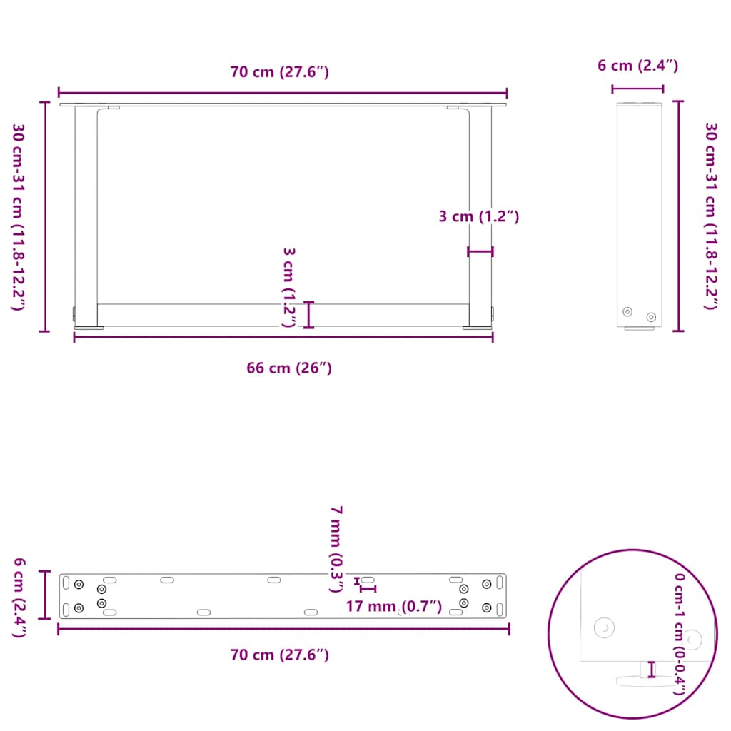 Salontafelpoten 2 st U-vormig 70x(30-31) cm staal zwart