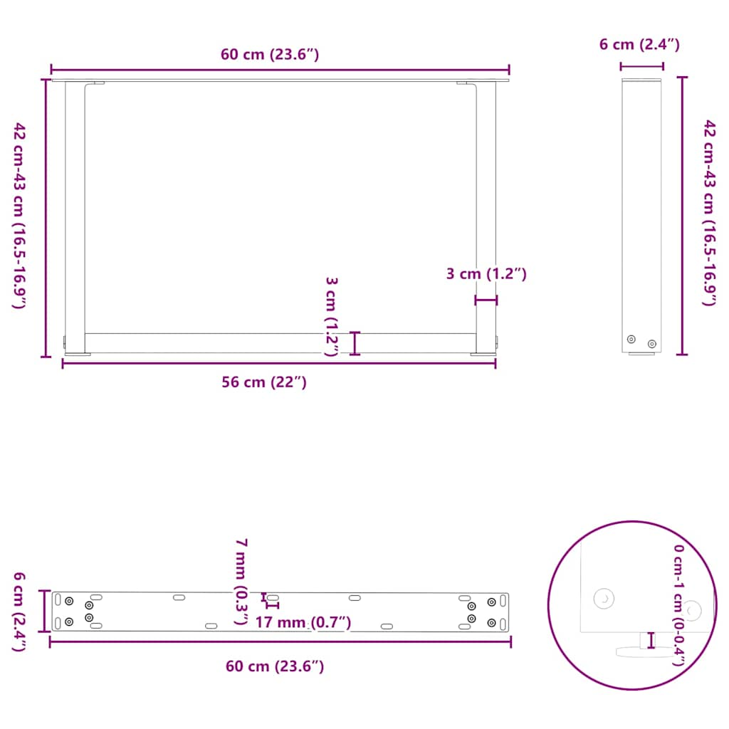 Salontafelpoten 2 st U-vormig 60x(42-43) cm staal zwart