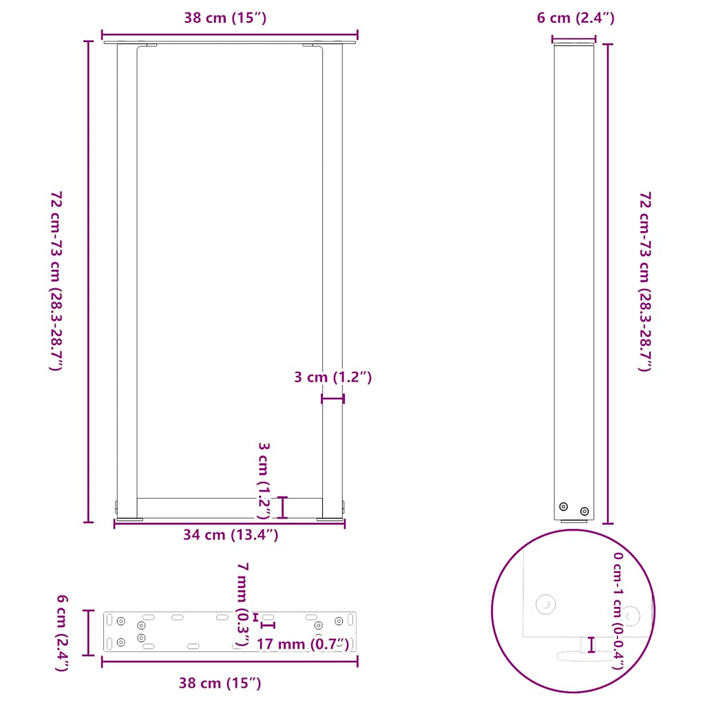 Salontafelpoten 2 st U-vormig 38x(72-73) cm staal zwart