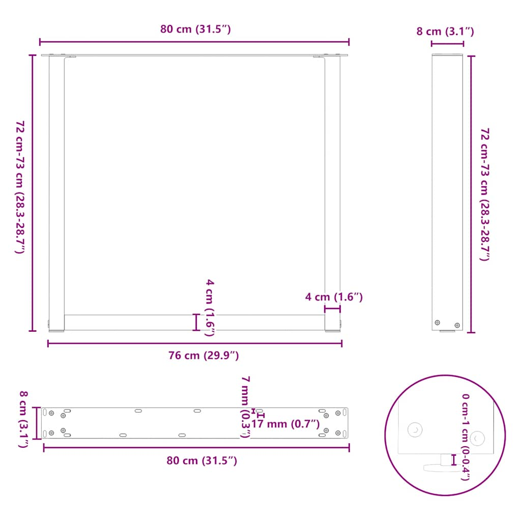 Salontafelpoten 2 st U-vormig 80x(72-73) cm staal wit