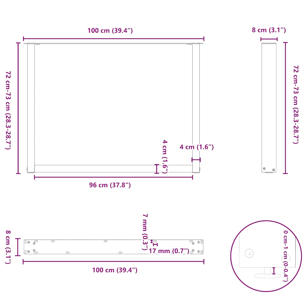 Salontafelpoten 2 st U-vormig 100x(72-73) cm staal wit