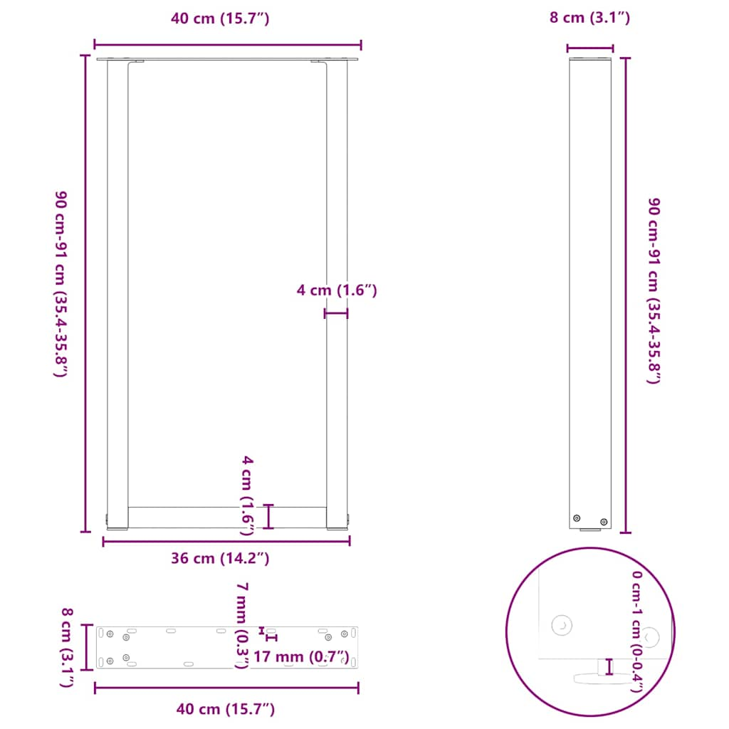 Salontafelpoten 2 st U-vormig 40x(90-91) cm staal zwart