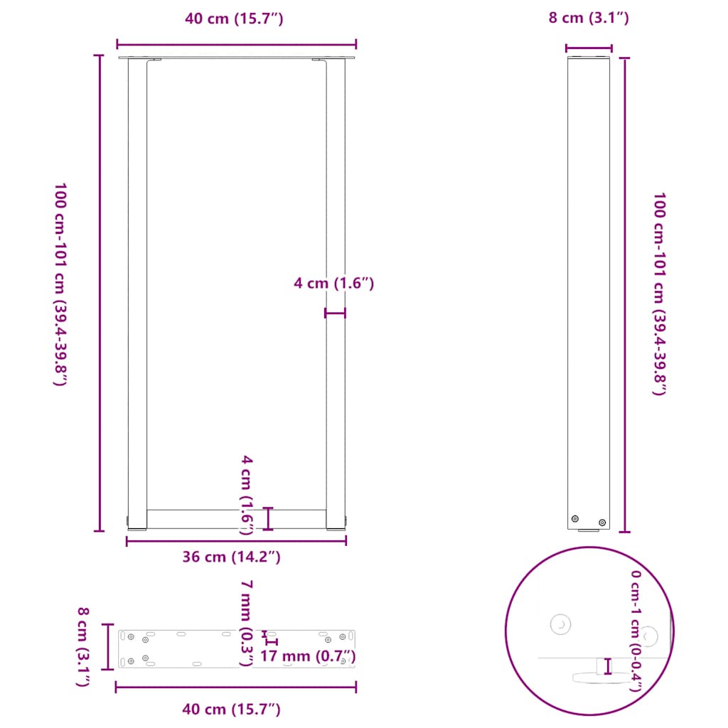 Salontafelpoten 2 st U-vormig 40x(100-101) cm staal wit