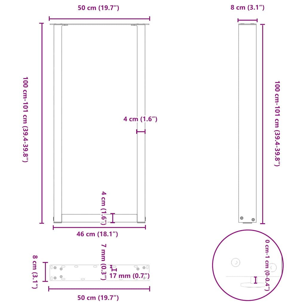 Salontafelpoten 2 st U-vormig 50x(100-101) cm staal zwart