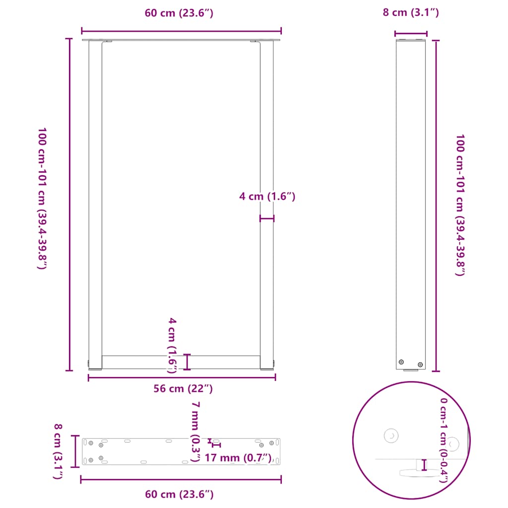 Salontafelpoten 2 st U-vormig 60x(100-101) cm staal zwart