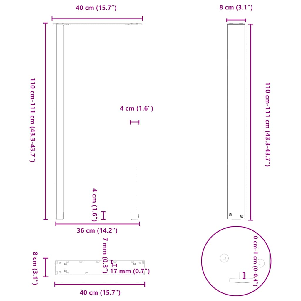 Salontafelpoten 2 st U-vormig 40x(110-111) cm staal zwart