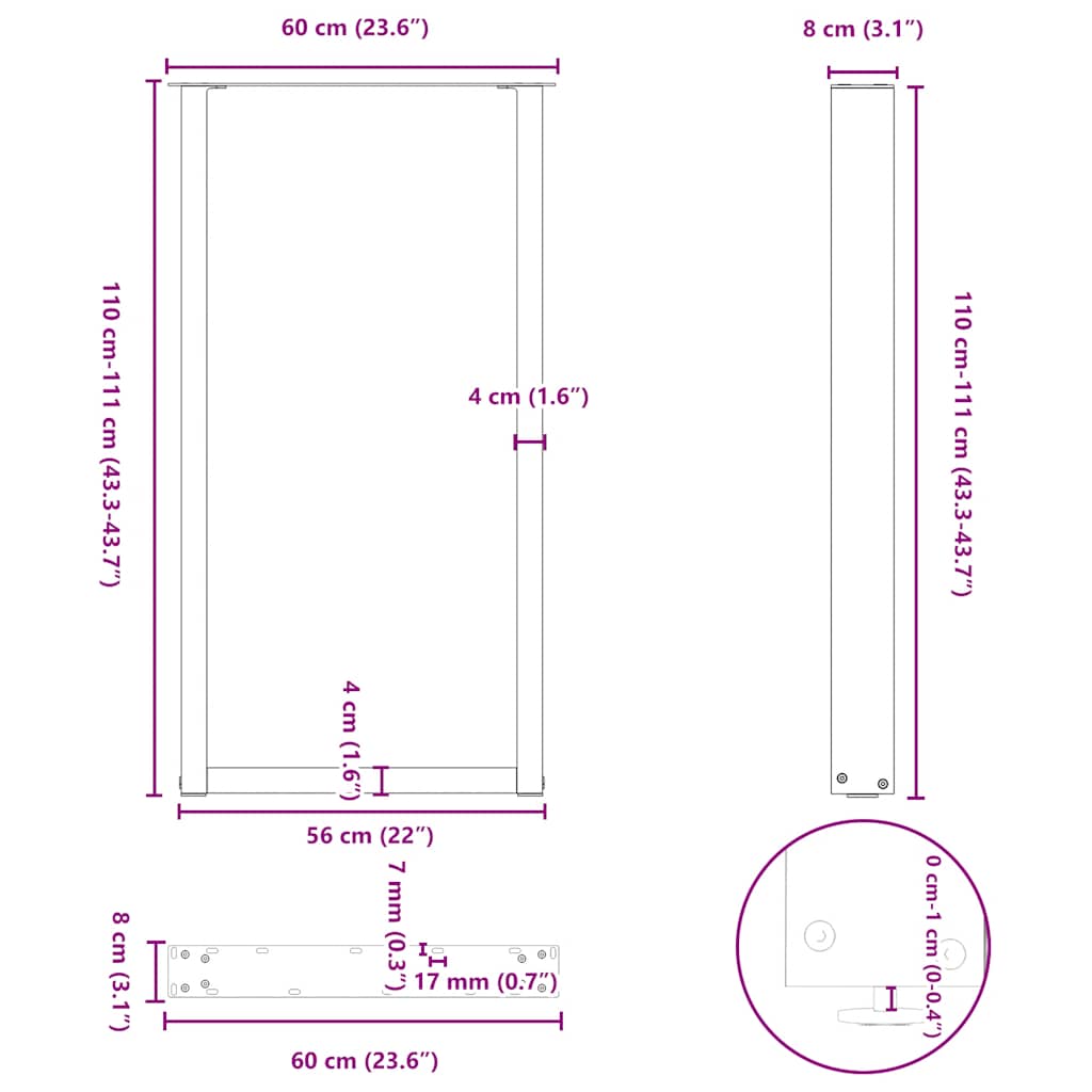 Salontafelpoten 2 st U-vormig 60x(110-111) cm staal zwart