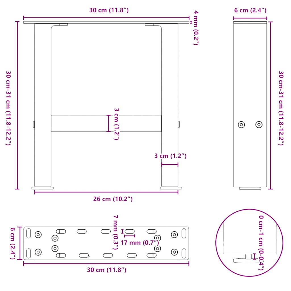 Salontafelpoten 2 st 30×30 cm staal wit