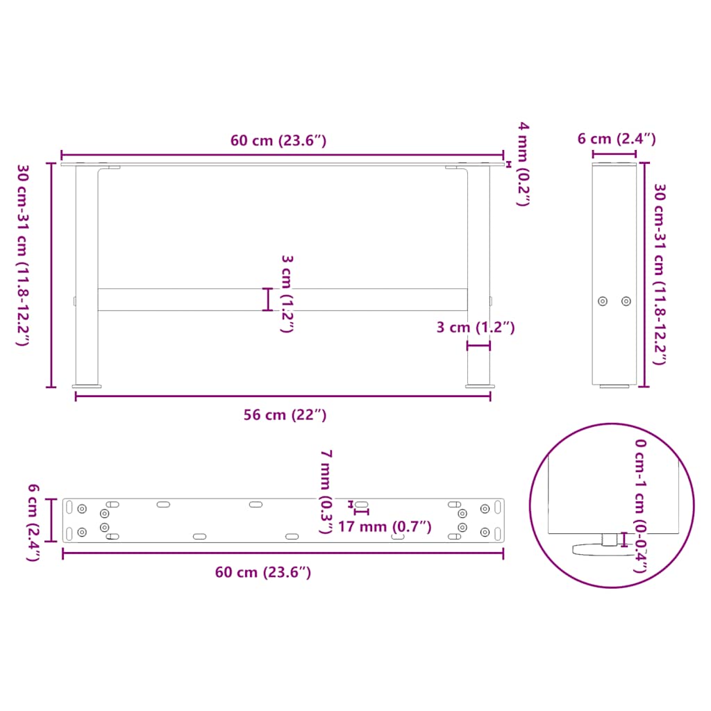 Salontafelpoten 2 st 30×60 cm staal wit