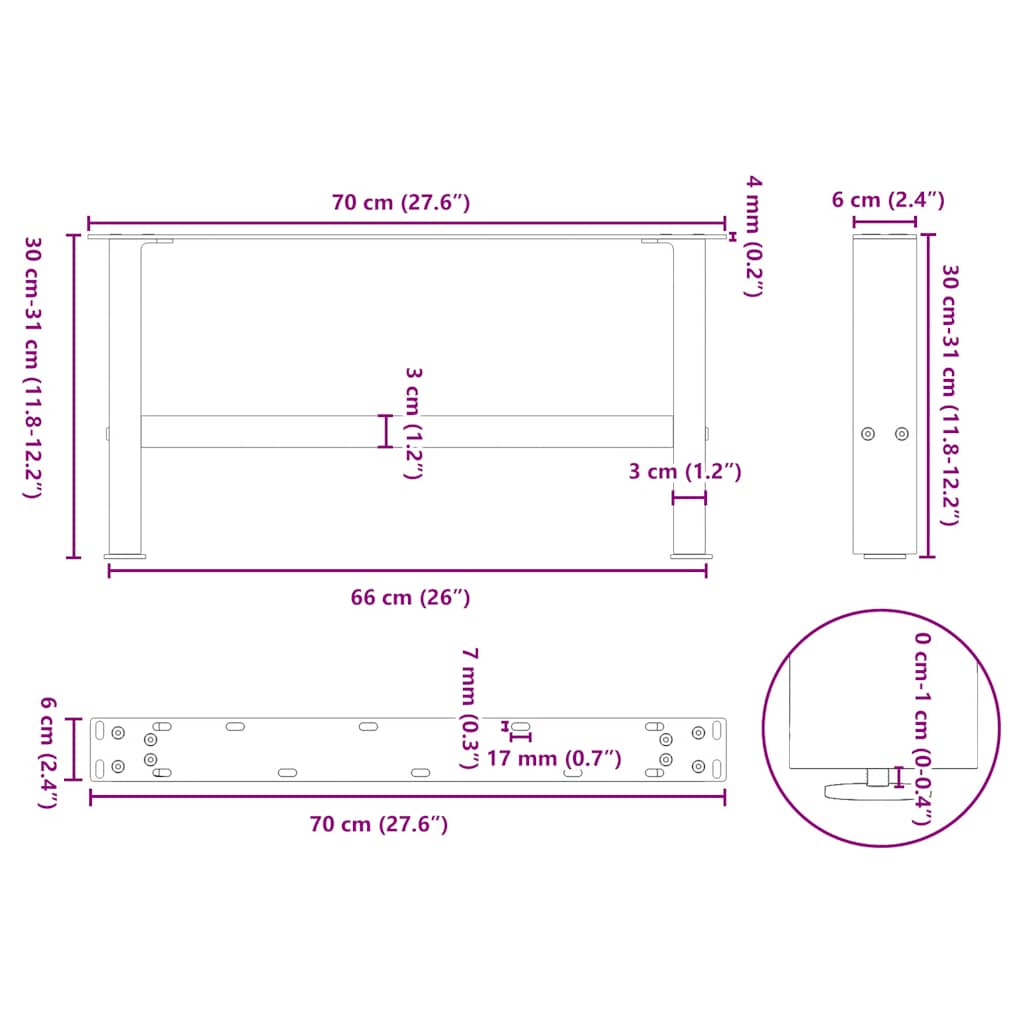 Salontafelpoten 2 st 30×70 cm staal wit