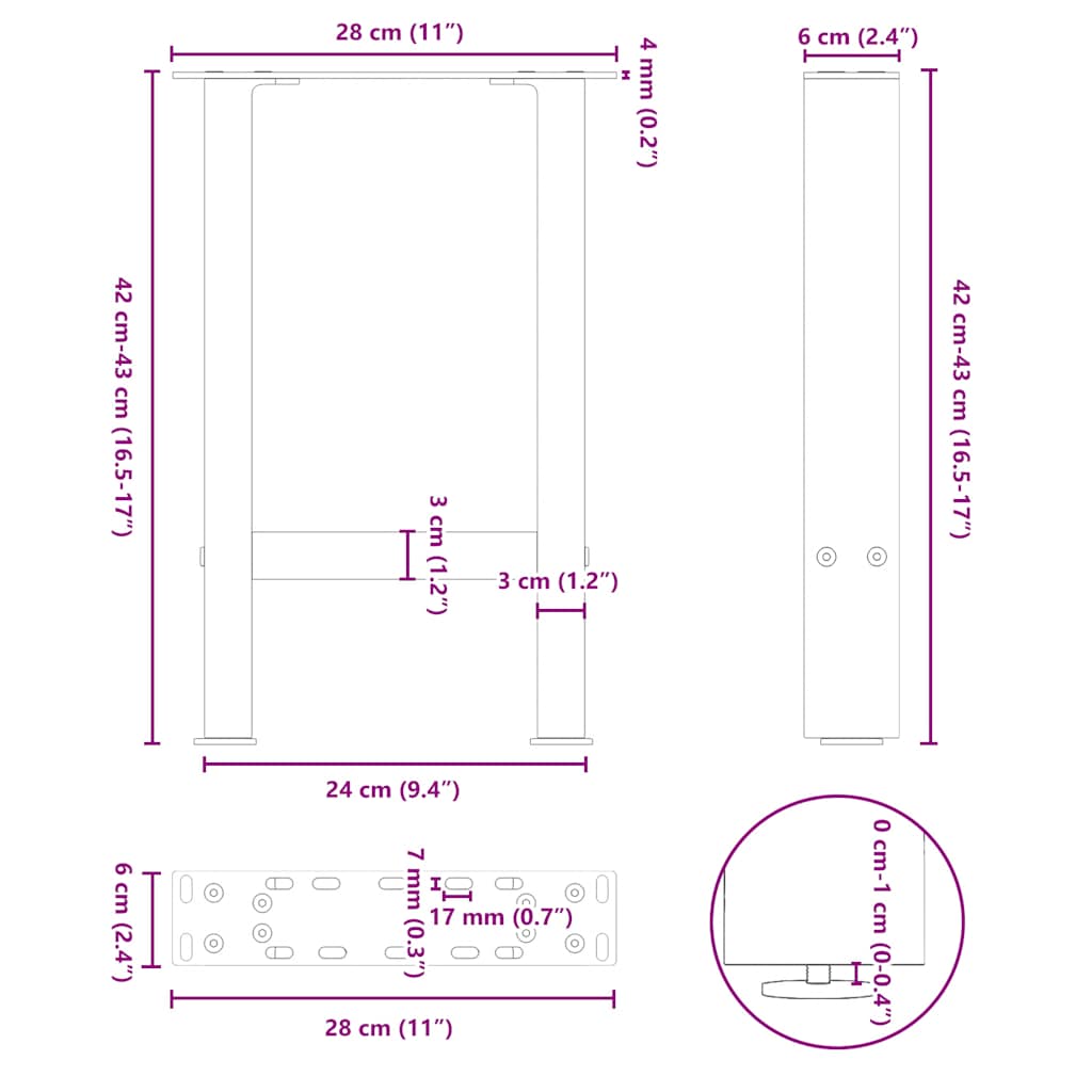 Salontafelpoten 2 st 28x(42-43) cm staal wit