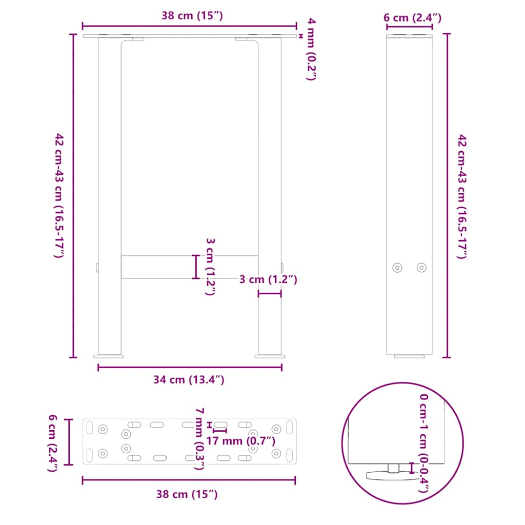 Salontafelpoten 2 st 38x(42-43) cm staal wit