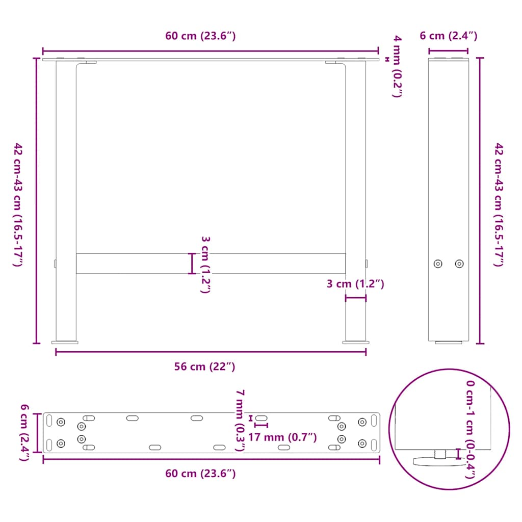 Salontafelpoten 2 st 60x(42-43) cm staal wit