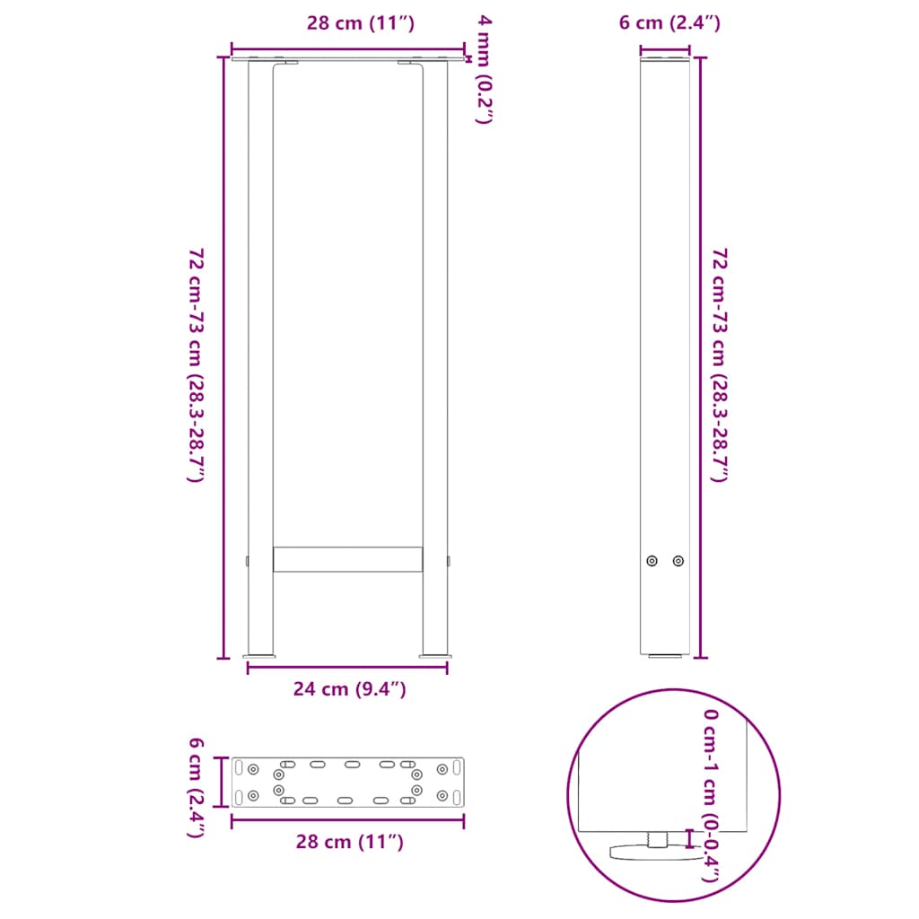 Salontafelpoten 2 st 28x(72-73) cm staal zwart