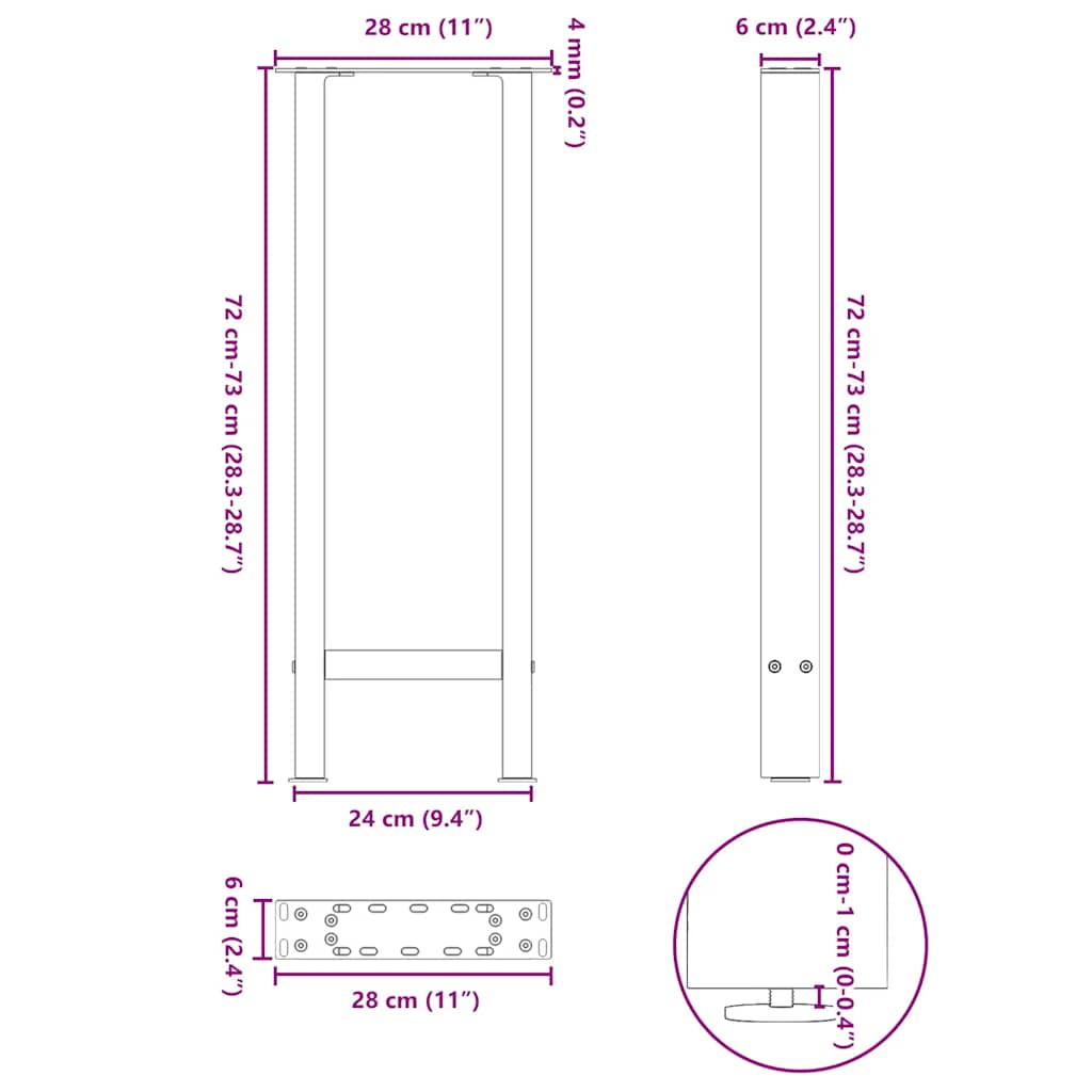 Salontafelpoten 2 st 28x(72-73) cm staal antraciet