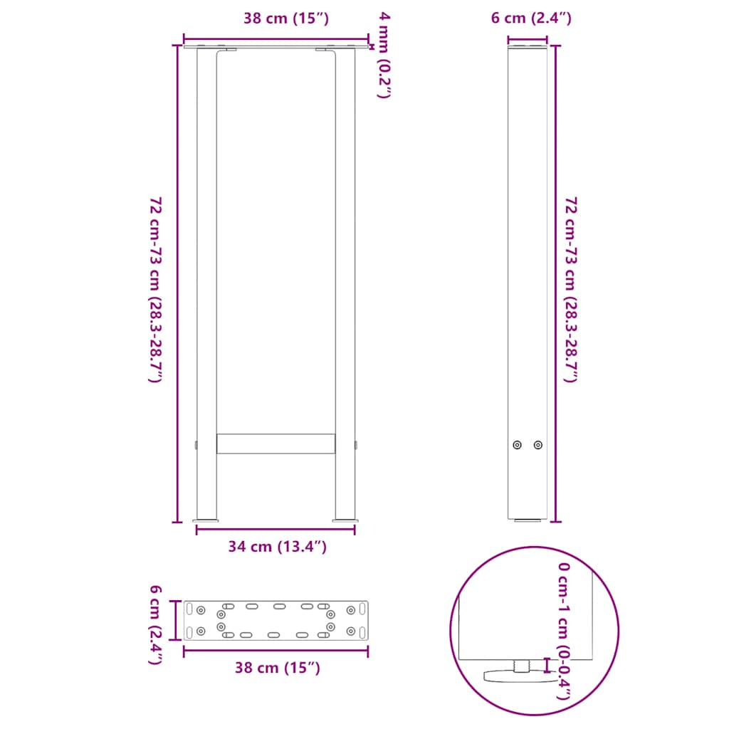 Salontafelpoten 2 st 38x(72-73) cm staal zwart