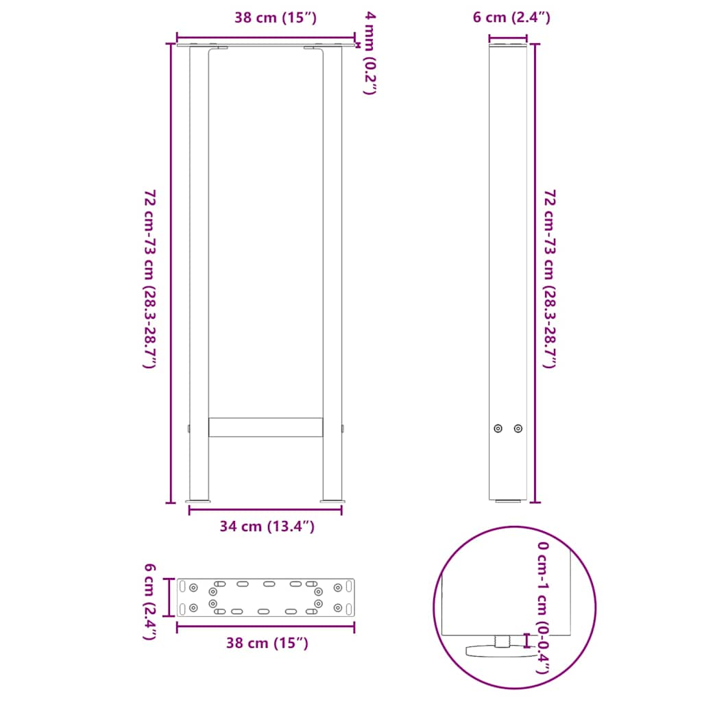 Salontafelpoten 2 st 38x(72-73) cm staal wit